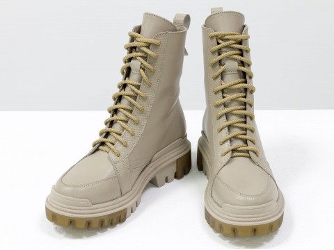 Завищені нюдові черевики з натуральної шкіри зі шнурівкою, Б-2088-02
