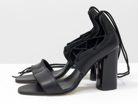 Женские босоножки на шнуровке из кожи черного цвета на каблуке, С-1944-01  