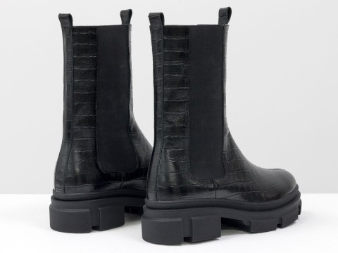 Завышенные черные ботинки "челси" из натуральной текстурированной кожи, Б-2078-07