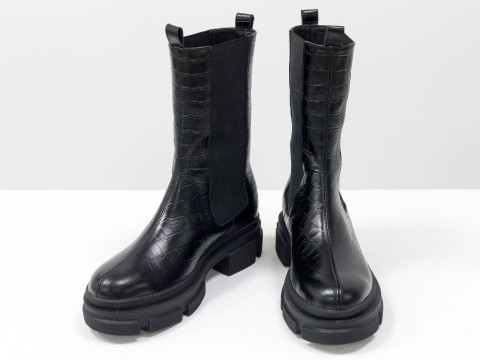 Завышенные черные ботинки "челси" из натуральной текстурированной кожи, Б-2078-07