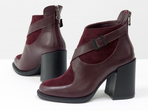 Женские  ботинки из натуральной  бордовой кожи и замши с пряжкой на устойчивом каблуке, Б-2099-03