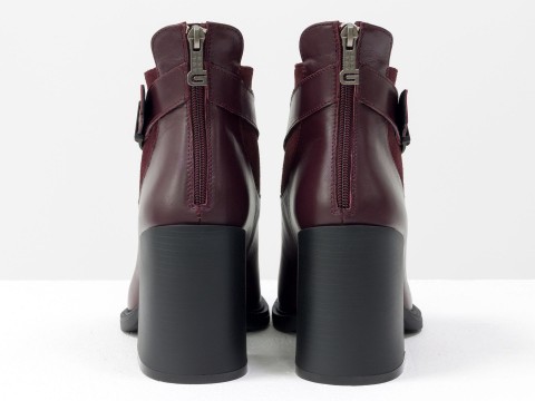Женские  ботинки из натуральной  бордовой кожи и замши с пряжкой на устойчивом каблуке, Б-2099-03