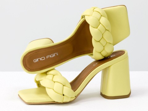 Дизайнерские шлепанцы "косички" на расклешенном каблуке из натуральной итальянской кожи желтого цвета, С-2041-08