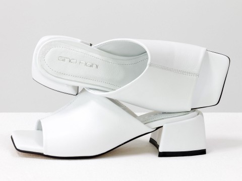Дизайнерские шлёпанцы на небольшом каблуке из натуральной итальянской белой  кожи, С-2127-02
