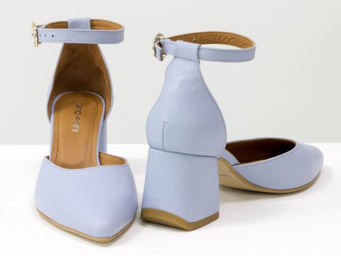 Женские классические туфли с ремешком из натуральной кожи небесно-голубого цвета