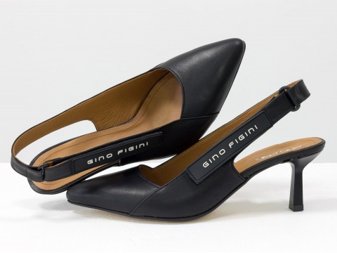 Дизайнерские туфли лодочки с открытой пяткой из натуральной итальянской кожи черного цвета,  Т-2140-01