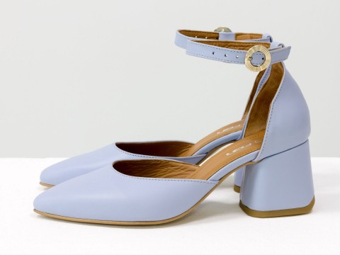 Классические голубые туфли из натуральной кожи на расклешенном каблуке, С-2013-07