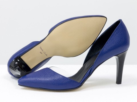 Сині туфлі човники з натуральної шкіри флотар на високій шпильці, Т-1928-07