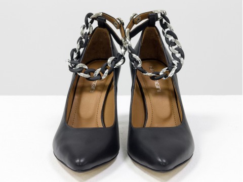 Дизайнерские туфли-лодочки на невысоком каблуке "рюмочка" из натуральной итальянской кожи с цепочкой,  Т-2115-01
