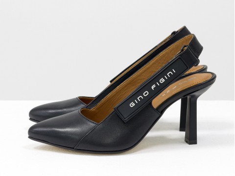 Дизайнерські туфлі човники з відкритою п'ятою з натуральної італійської шкіри чорного кольору, Т-2114-01