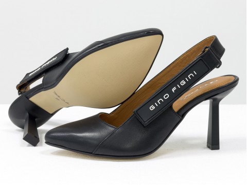 Дизайнерські туфлі-човники на високому підборі "рюмочка" з натуральної італійської шкіри чорного кольору, С-2114-01