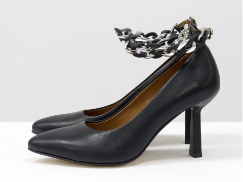 Дизайнерские туфли лодочки на  каблуке из натуральной итальянской кожи черного цвета,  Т-2115-01