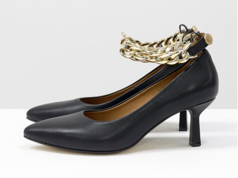Дизайнерські туфлі човники на підборах з натуральної італійської шкіри чорного кольору, Т-2116-01