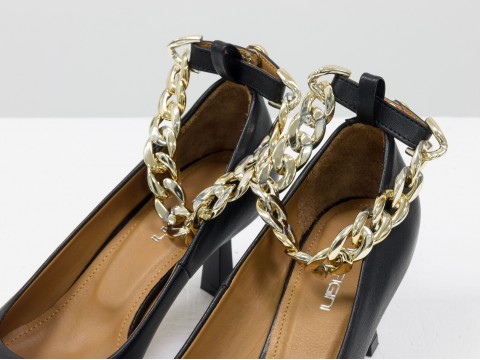Дизайнерські туфлі-човники на підборах "рюмочка" з натуральної італійської шкіри з золотим ланцюжком, Т-2116-01