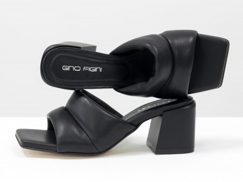 Дизайнерские черные шлёпанцы на небольшом каблуке из натуральной итальянской кожи, С-2120-01