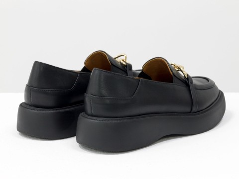 Туфли-лоферы из итальянской кожи черного цвета на утолщенной подошве, Т-2118-03