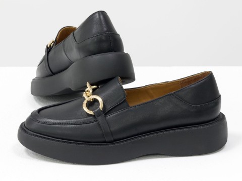 Туфли-лоферы из итальянской кожи черного цвета на утолщенной подошве, Т-2118-03
