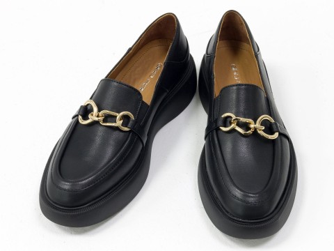 Туфлі-лофери з італійської шкіри чорного кольору на потовщеній підошві, Т-2118-03