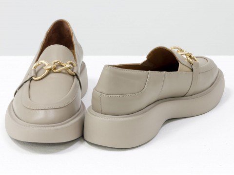 Туфлі-лофери з італійської шкіри бежевого кольору на потовщеній підошві, Т-2118-02