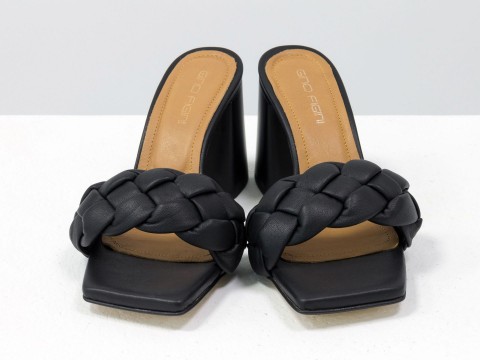 Дизайнерские черные босоножки "косичка" на расклешенном  каблуке из натуральной итальянской кожи