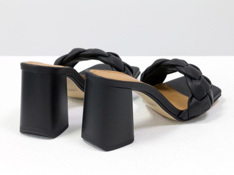 Дизайнерські чорні босоніжки "косички" на розкльошеному підборі з натуральної італійської шкіри