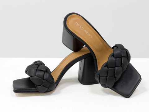 Дизайнерские черные босоножки "косичка" на расклешенном  каблуке из натуральной итальянской кожи