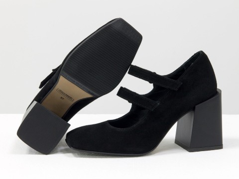 Дизайнерські туфлі з натуральної чорної замші на стійкому квадратному підборі, Т-2049-06
