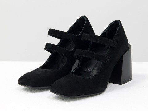 Дизайнерські туфлі з натуральної чорної замші на стійкому квадратному підборі, Т-2049-06