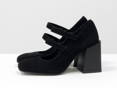 Дизайнерские туфли из натуральной черной замши на устойчивом квадратном каблуке,  Т-2049-06