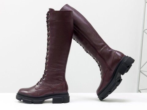 Жіночі спортивні бордові чоботи з натуральної шкіри на шнурівці по всій довжині, Б-2090-02