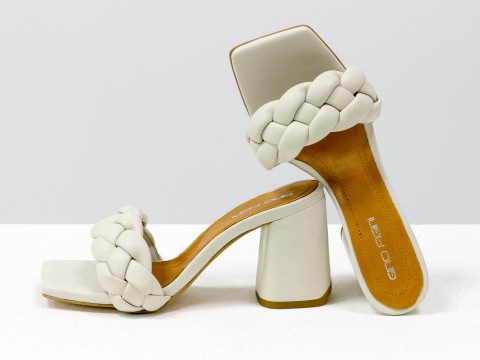 Дизайнерские шлепанцы "косички" на расклешенном каблуке из натуральной итальянской кожи желтого цвета, С-2041-08