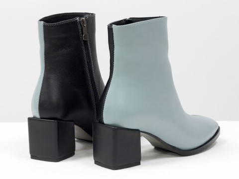 Женские  ботинки из натуральной черно-голубой кожи на квадратном каблуке, Б-2061-04