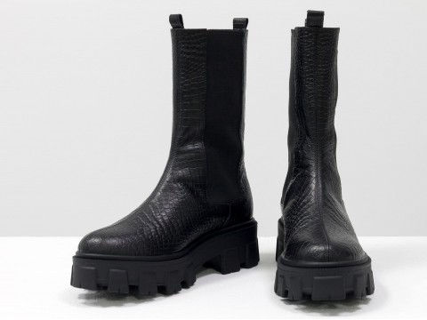 Завищені чорні черевики "челсі" з натуральної шкіри текстурованої, Б-2078-04