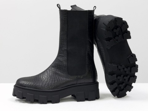 Завищені чорні черевики "челсі" з натуральної шкіри текстурованої, Б-2078-04