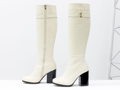 Высокие женские сапоги на каблуке из натуральной кожи флотар молочного цвета, М-17405-05,
