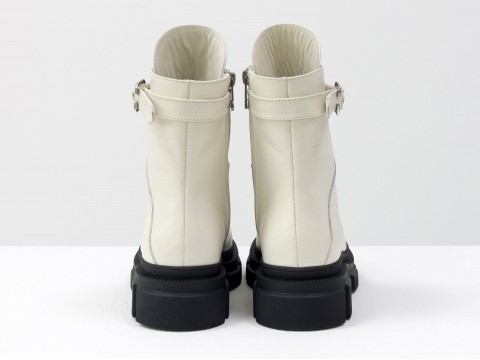 Женские молочные ботинки  из натуральной кожи на шнуровке, Б-2065-04