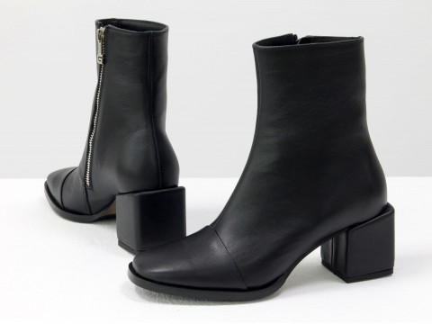 Женские  ботинки из натуральной черной кожи на квадратном каблуке, Б-2086-04