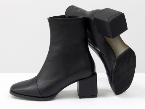 Женские  ботинки из натуральной черной кожи на квадратном каблуке, Б-2086-04