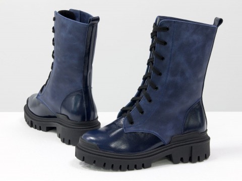 Жіночі черевики з натуральної шкіри синього кольору зі вставками з лакової шкіри на шнурівці, Б-16077/1-11