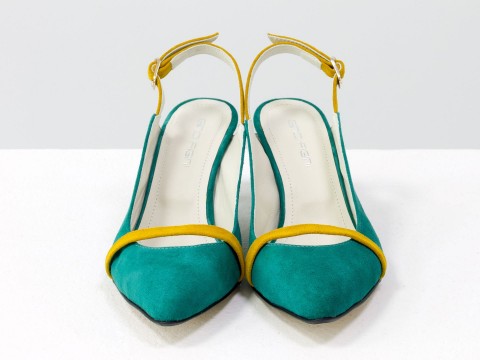 Жіночі туфлі з відкритою п'ятою з натуральної замші м'ятного кольору на шпильці