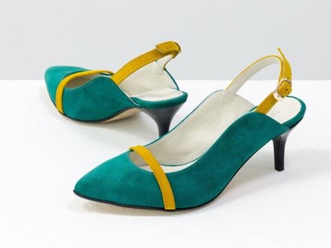 Жіночі туфлі з відкритою п'ятою з натуральної замші м'ятного кольору на шпильці