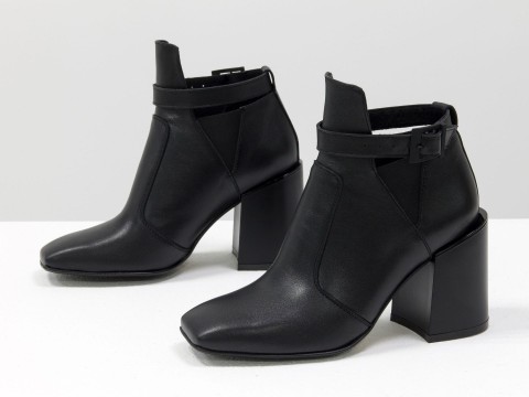 Женские  ботинки из натуральной черной кожи с пряжкой на устойчивом каблуке, Б-20100-01