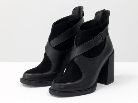 Жіночі черевики з натуральної чорної шкіри та замші з пряжкою на стійкому підборі, Б-2099-01