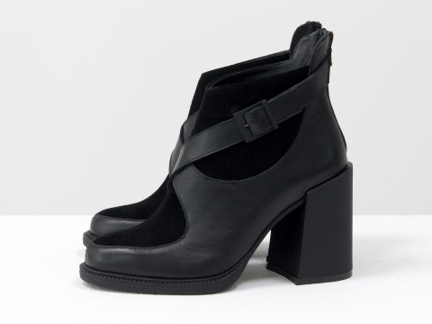 Женские классические ботинки черного цвета из натуральной кожи с замшей на устойчивом каблуке, Б-2099-01