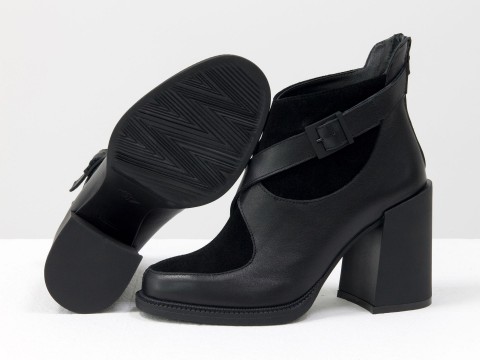 Жіночі черевики з натуральної чорної шкіри та замші з пряжкою на стійкому підборі, Б-2099-01