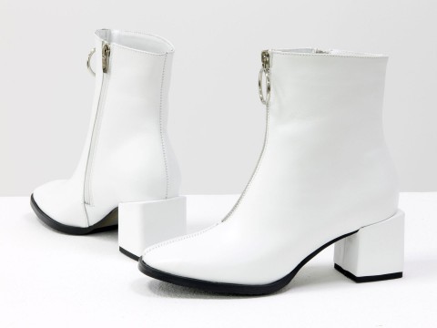 Жіночі черевики з натуральної білої шкіри на квадратному підборі з блискавкою попереду, Б-2077-02