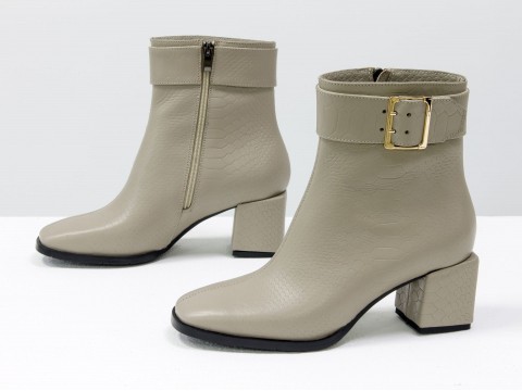 Женские  ботинки из натуральной серо-бежевой кожи на квадратном каблуке, Б-2061-03