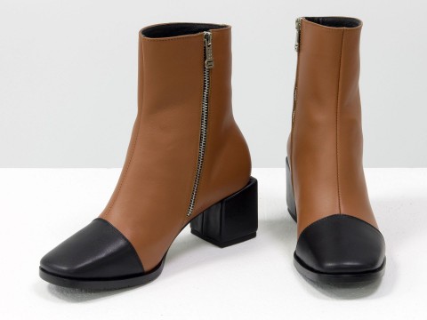 Жіночі черевики з натуральної рудої шкіри з чорним носиком, Б-2086-02