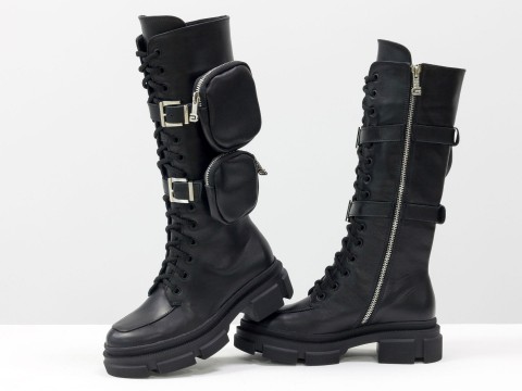 Жіночі спортивні черевики з натуральної чорної шкіри на шнурівці з кишенями збоку, Б-2085-01