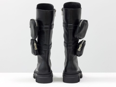 Жіночі спортивні черевики з натуральної чорної шкіри на шнурівці з кишенями збоку, Б-2085-01